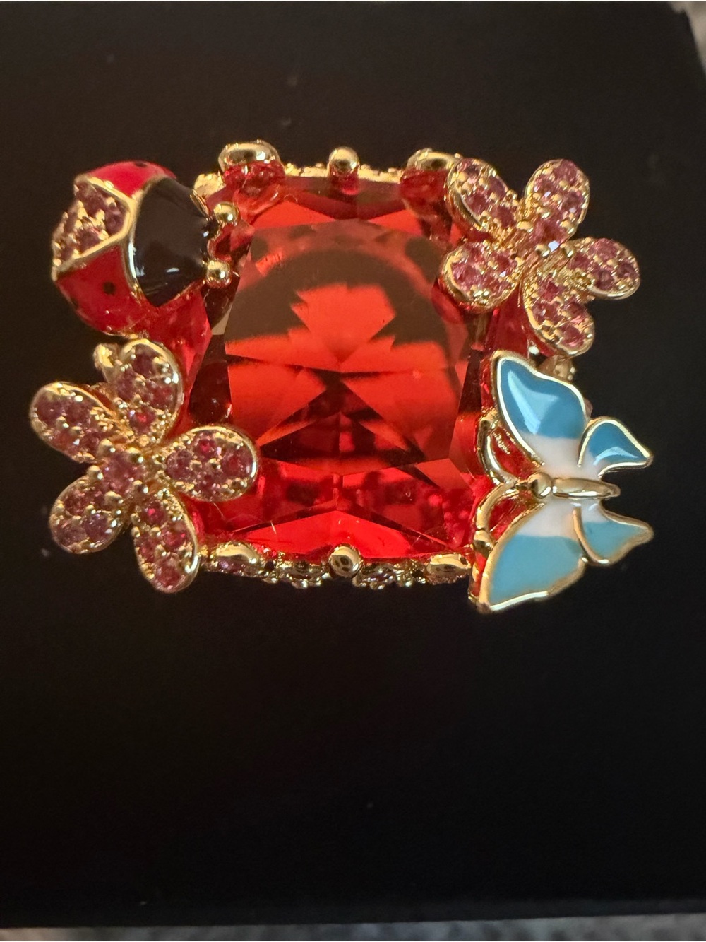 Red Crystal lab created Ruby Floral Butterfly Statement Ring